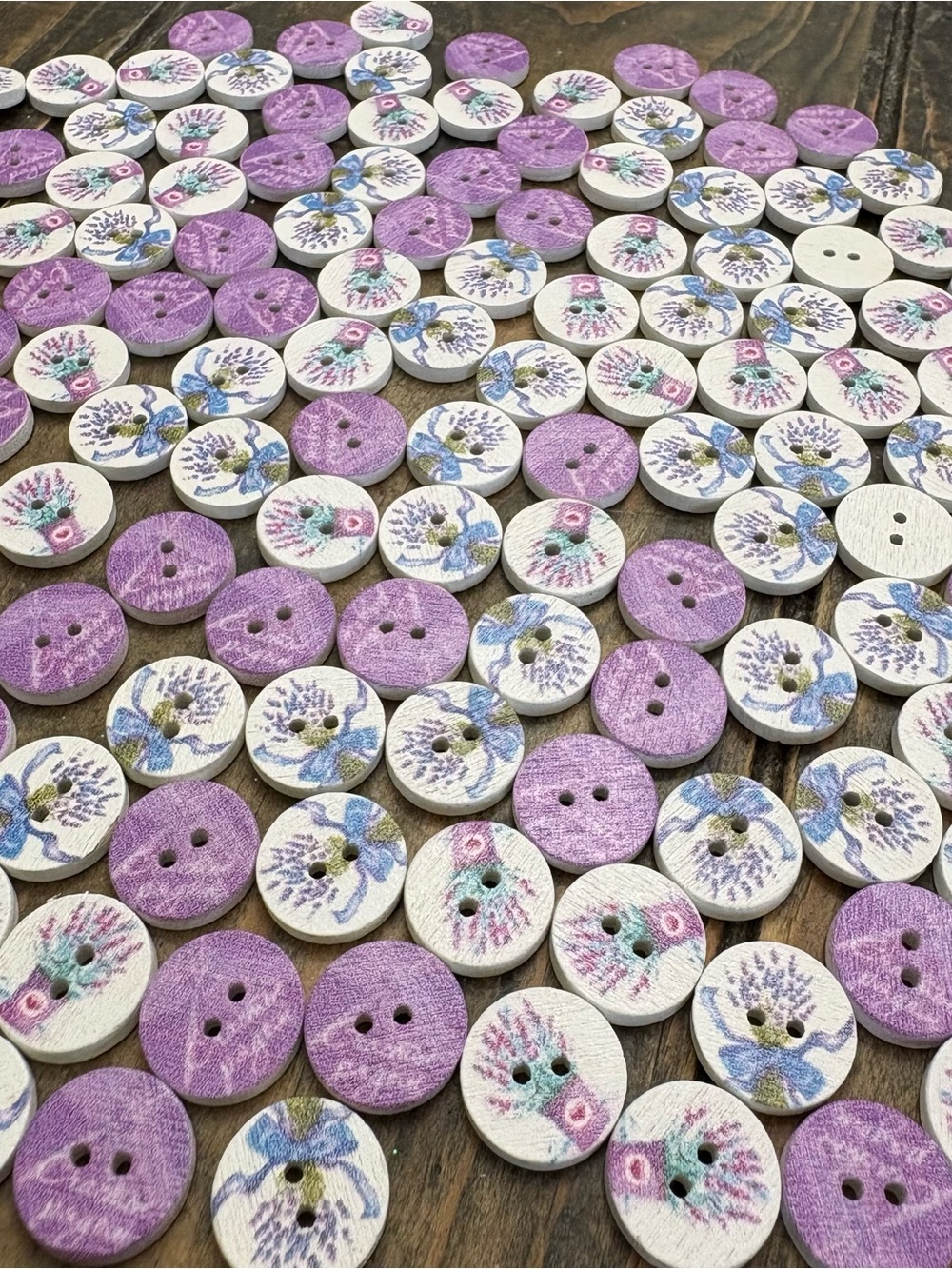 Lot of small round wooden buttons flowers purple white